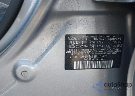 2011 Hyundai Elantra Gls (Ulsan Plant) from USA, damaged, VIN KMHDH4AE2BU105223